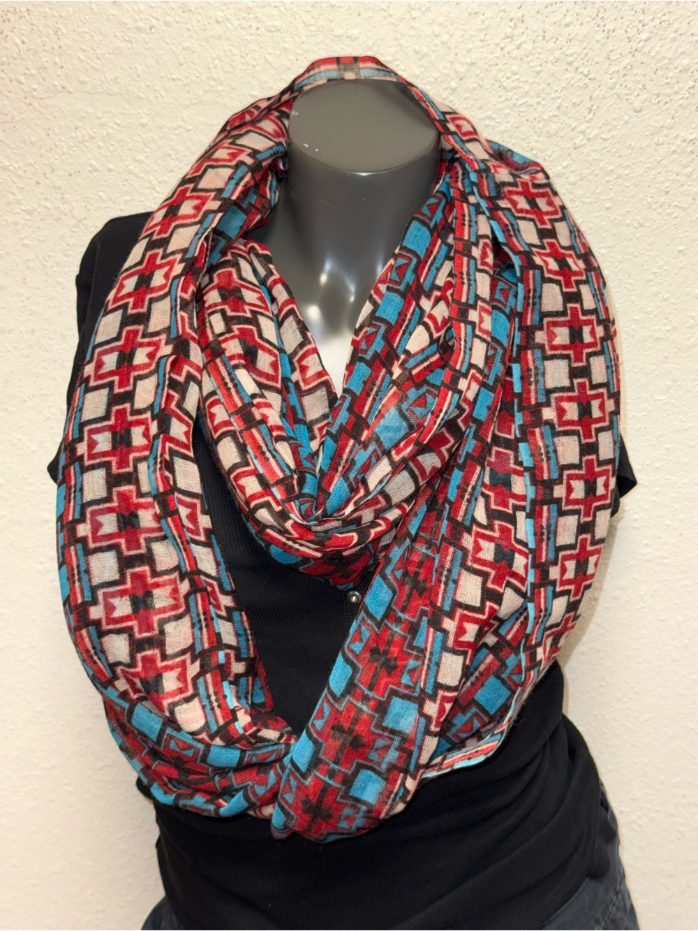 Bold Geometric Infinity Scarf in Red, Turquoise & Cream